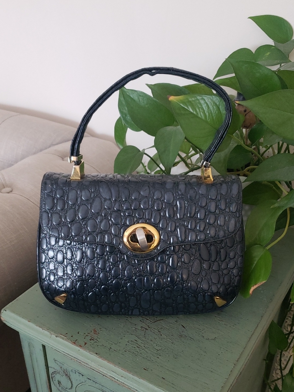 Vintage 60s Faux Croc-Embossed Top Handle Bag